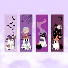 three halloween bookmarks with ghost, witches and bats on them in front of a purple background