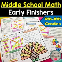 the middle school math worksheet for early finishers with pictures of a turkey