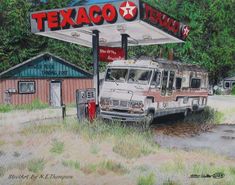 a painting of an old bus at a texaco gas station in the country side