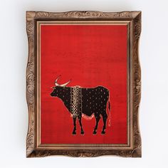 a painting of a bull on a red background