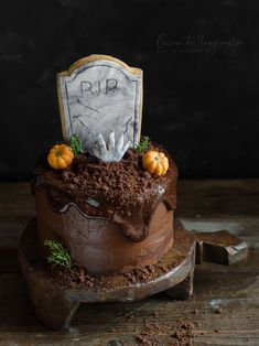 there is a cake that has been decorated with dirt and pumpkins