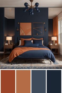 a bedroom with blue walls and orange accents