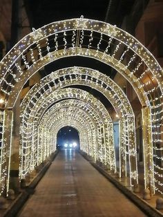 an arched walkway covered in christmas lights at night