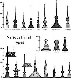 the various types of spires are shown in black and white, as well as their names