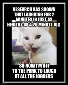 a white cat with its mouth open and captioning that it is 20 minutes ago to the park to laugh at all the joggers