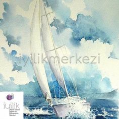 a watercolor painting of a sailboat in the ocean with blue skies and clouds