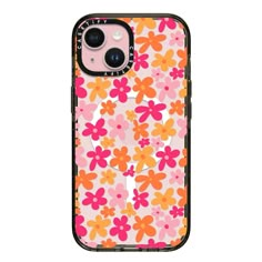 an iphone case with flowers on the front and bottom, in bright pink and orange