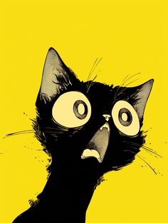 a black cat with big eyes looking up at something in the air, on a yellow background