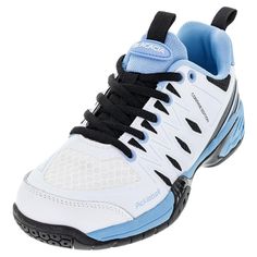 a white and blue tennis shoe with black laces on the outstratches