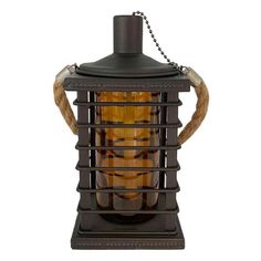 an old fashioned lantern with rope hanging from it