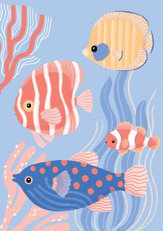 three fish swimming in the ocean with corals