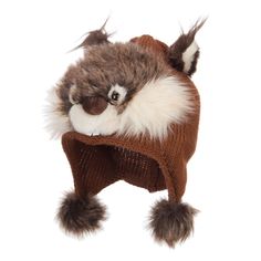 a stuffed animal wearing a brown hat with white fur on it's ears and tail