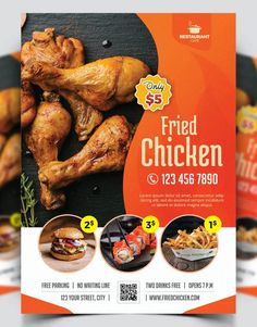 a flyer for a fried chicken restaurant with pictures of different types of food on it