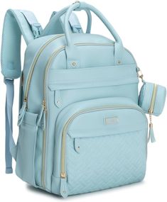 a light blue backpack with gold zippers