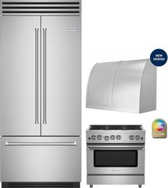 stainless steel kitchen appliance package including refrigerator, range and oven with warranty sticker