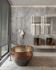 a bath room with a large tub and a mirror on the wall next to it