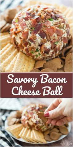 bacon cheese ball on top of crackers with text that reads savory bacon cheese ball