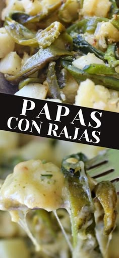 there is a fork with some food on it and the words papas con raas