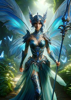 a woman dressed as a fairy holding a blue staff