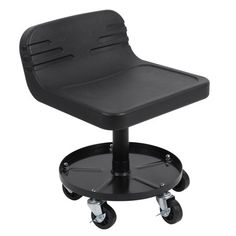 a black plastic chair with wheels and casteors on an isolated white background for display