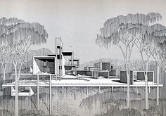 an architectural drawing of a house on the water's edge with trees in the background