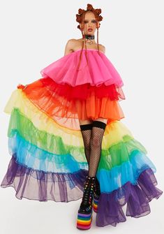 Club Exx Tulle High Low Train Maxi Dress - Rainbow – Dolls Kill Multicolor Tulle Skirt Summer Dresses, Summer Rainbow Tulle Dress, Summer Costume Party Dresses With Tiered Skirt, Rainbowcore Fashion, Rainbow Dolls, High Low Maxi Dress, Rainbow Outfit, Rainbow Fashion, Pride Outfit