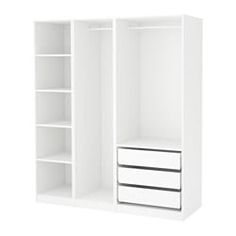 an open white closet with drawers and shelves on the bottom shelf, isolated against a white background