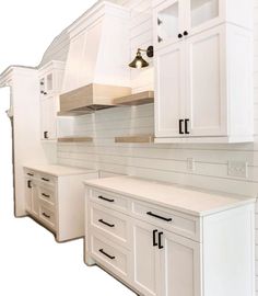 a kitchen with white cabinets and an island in the middle is shown on a white background