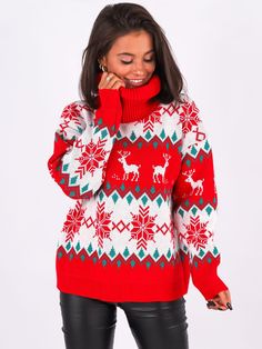 Women's Christmas Reindeer Xmas Snowflake Patterns Turtleneck Knitted Sweater Long Sleeve Elk Floral Printed Pullover - Trendha Turtleneck Women, Sweater Streetwear, Funny Christmas Sweaters, Winter Pullover, Turtleneck Long Sleeve, Y2k Clothes, Boho Floral Dress, Long Sleeve Pullover Sweater, Women Christmas