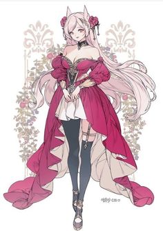 an anime character with long hair wearing a pink dress and holding a flower in her hand