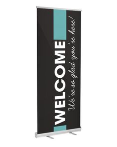 a black and blue welcome sign on a white background