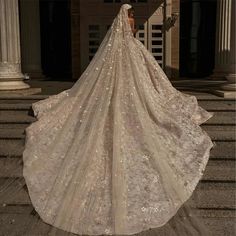 a woman in a wedding dress standing on steps with her back turned to the camera