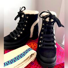 New In Box Dust Bag Included Cozy Colored Boots, Shearling Boots, Tory Burch Shoes, Lace Up Boots, Shoe Collection, Shoe Laces, Bootie Boots, Tory Burch, Dust Bag