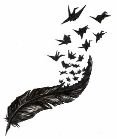 a drawing of a feather with birds flying in the sky above it, all made up of black or white paper