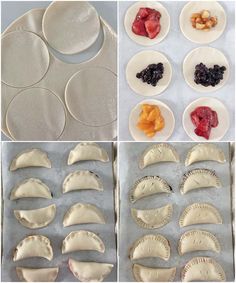 the process of making pie crusts with fruit and other toppings on them, including dough