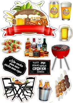 an assortment of food and drinks on a white background