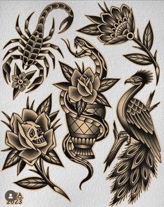 some tattoos with flowers and birds on them