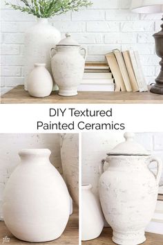 three white vases sitting on top of a table next to books and a lamp