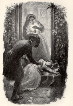 an old drawing of a man and woman looking at a baby on the ground in front of a window