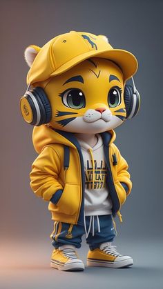 a small toy cat wearing headphones and a yellow jacket with ear phones on it's ears