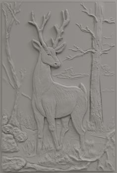 a white sculpture of a deer standing in front of trees and bushes with no leaves on it