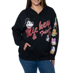 Be comfortably warm in your new favorite hoodie. Nothing like friends to make life better. > Disney Mickey Minnie Mouse Zippered Woman's Plus Size Hoodie Sweatshirt Gray. > Featuring a graphic print of Mickey and Minnie on the front. The left sleeve has a print of Goofy, Pluto, Daisy, and Donald. > Two front pockets, ribbed cuffed bottom hem and long sleeves. > Black sweater with Black drawstrings. > Sweatshirt for Woman Plus Size: 3X.  Gender: female.  Age Group: adult. Plus Size Disney, Friends Hoodie, Black Zip Hoodie, Disney Hoodies, Mickey Mouse And Friends, Mickey And Minnie, Black Zip Ups, Disney Ladies, Mickey Minnie