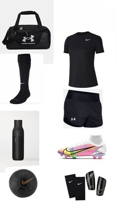 an assortment of sports gear including socks, water bottle, and gym bag is shown