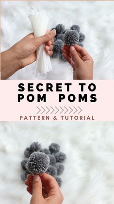 two photos with the words secret to pom poms written on them and an image of