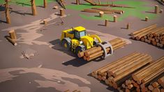 a yellow truck driving past logs in a forest