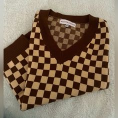 - Brown Checkered Patterned Sweater Vest - Size Xs But Can Fit Up To A Medium - Nwot Crochet Checkered Vest, Pattern Sweater Vest, Checkered Vest, Crochet Checkered, Checker Vest, Brown Checkered, Patterned Sweater, Pattern Sweater, Checkered Pattern