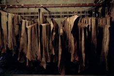 several pieces of cloth hanging on a line in an old building with wood flooring