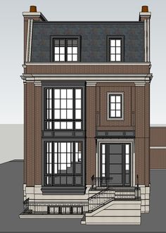 a drawing of a two story brick building with stairs leading up to the front door