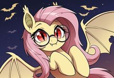 a cartoon character with pink hair and big eyes flying through the air in front of bats