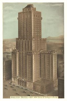 an old drawing of a tall building in the city